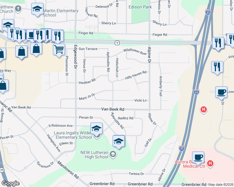 map of restaurants, bars, coffee shops, grocery stores, and more near 2610 Mary Jo Ct in Green Bay