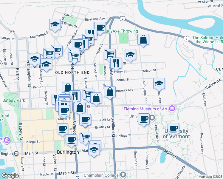 map of restaurants, bars, coffee shops, grocery stores, and more near 61 North Willard Street in Burlington