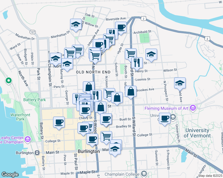 map of restaurants, bars, coffee shops, grocery stores, and more near 5 Loomis Street in Burlington