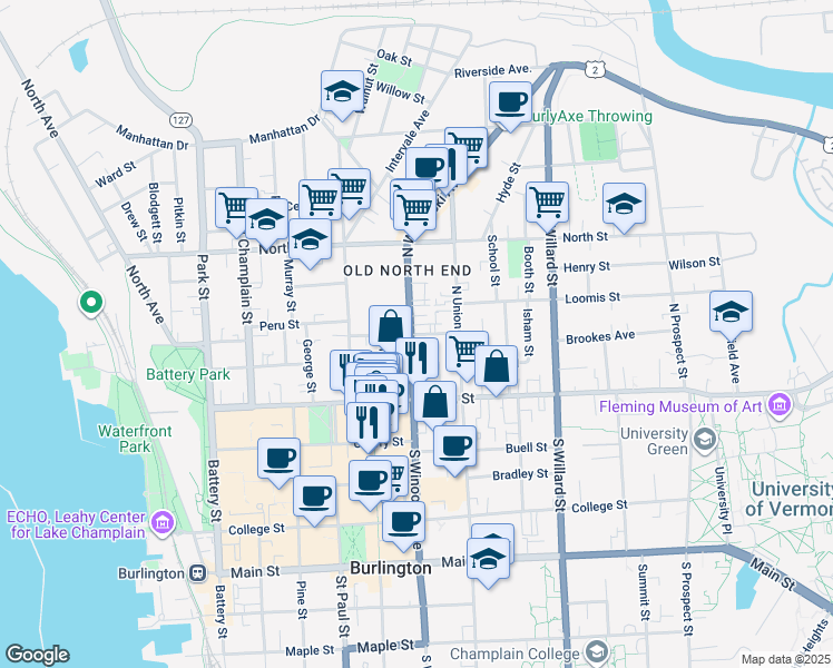 map of restaurants, bars, coffee shops, grocery stores, and more near 78 Grant Street in Burlington