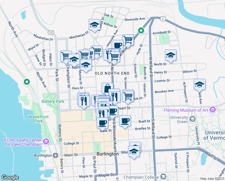 map of restaurants, bars, coffee shops, grocery stores, and more near 42 Grant Street in Burlington
