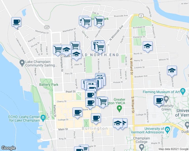 map of restaurants, bars, coffee shops, grocery stores, and more near 42 Grant Street in Burlington