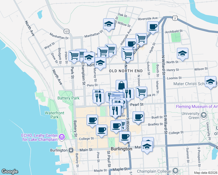 map of restaurants, bars, coffee shops, grocery stores, and more near 72 Elmwood Avenue in Burlington