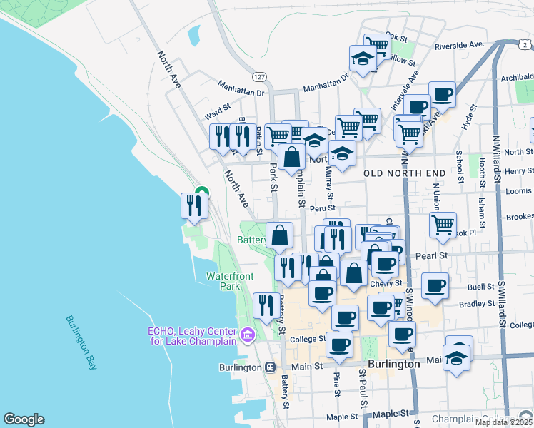 map of restaurants, bars, coffee shops, grocery stores, and more near 67 Park Street in Burlington