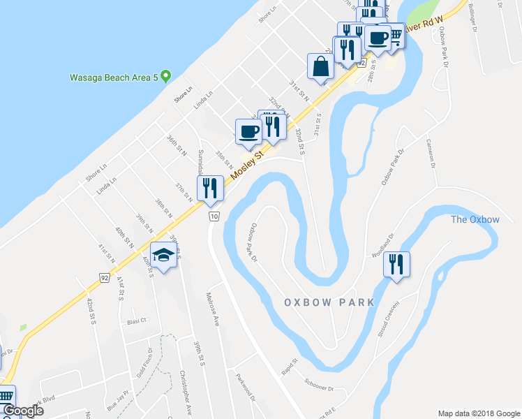 map of restaurants, bars, coffee shops, grocery stores, and more near 578 Oxbow Park Drive in Wasaga Beach