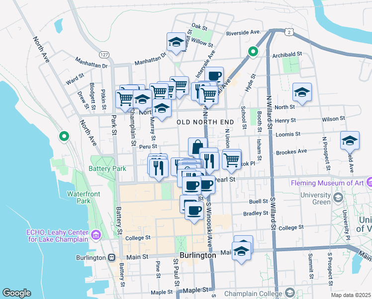 map of restaurants, bars, coffee shops, grocery stores, and more near 12 Grant Street in Burlington