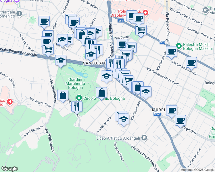 map of restaurants, bars, coffee shops, grocery stores, and more near 3 Via di Frino in Bologna