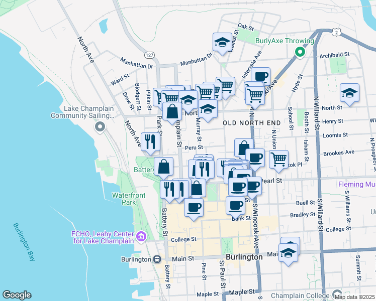 map of restaurants, bars, coffee shops, grocery stores, and more near 17 Peru Street in Burlington