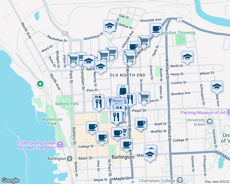 map of restaurants, bars, coffee shops, grocery stores, and more near 14 Grant Street in Burlington