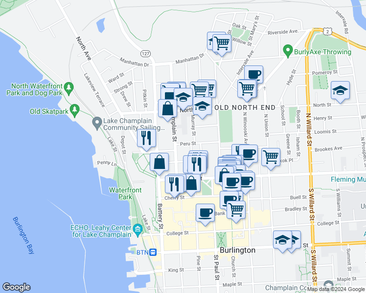 map of restaurants, bars, coffee shops, grocery stores, and more near 15 Peru Street in Burlington