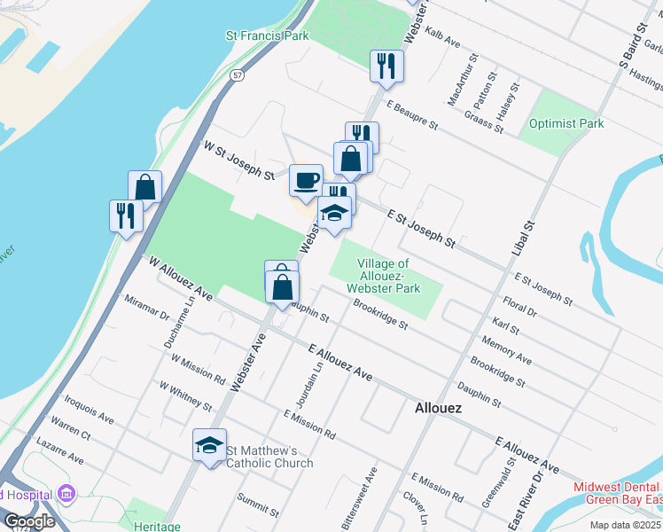 map of restaurants, bars, coffee shops, grocery stores, and more near 141 Brookridge Street in Green Bay