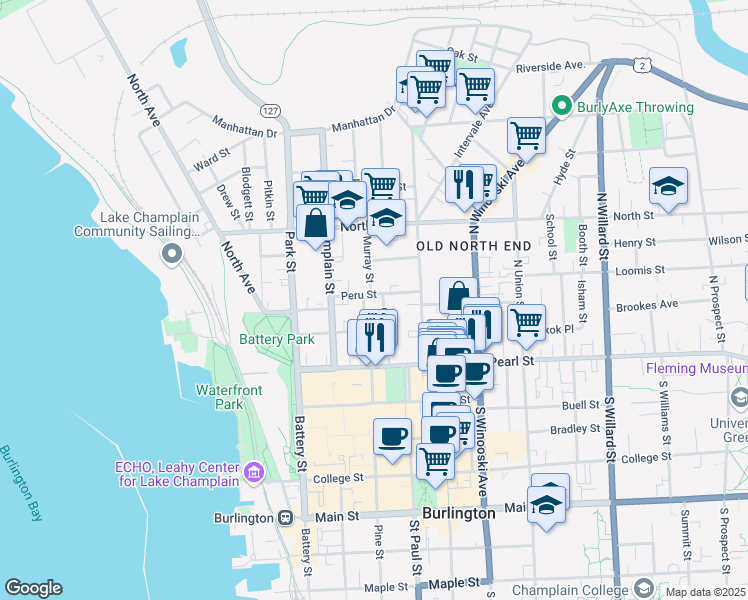 map of restaurants, bars, coffee shops, grocery stores, and more near 45 Peru Street in Burlington