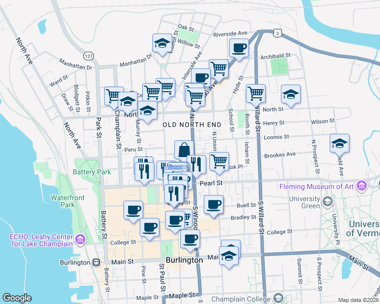 map of restaurants, bars, coffee shops, grocery stores, and more near 42 Grant Street in Burlington
