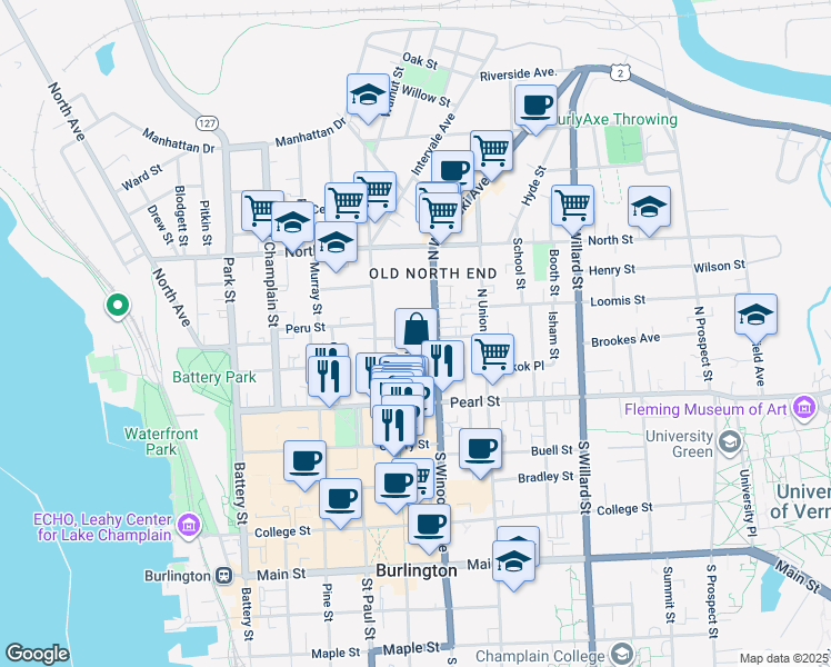 map of restaurants, bars, coffee shops, grocery stores, and more near 42 Grant Street in Burlington