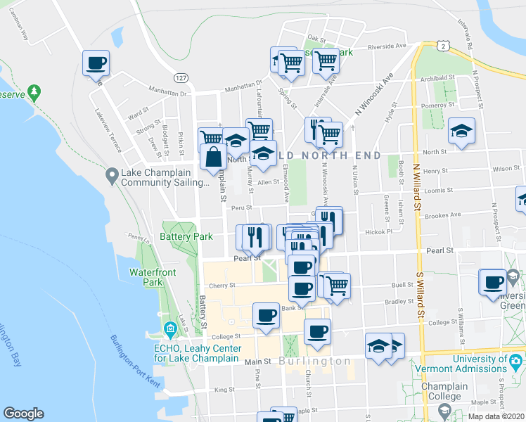 map of restaurants, bars, coffee shops, grocery stores, and more near 65 Peru Street in Burlington