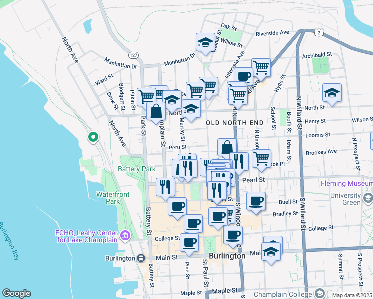 map of restaurants, bars, coffee shops, grocery stores, and more near 65 Peru Street in Burlington