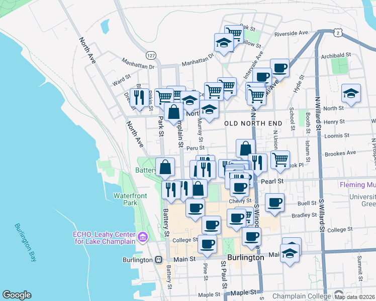 map of restaurants, bars, coffee shops, grocery stores, and more near 25 Peru Street in Burlington