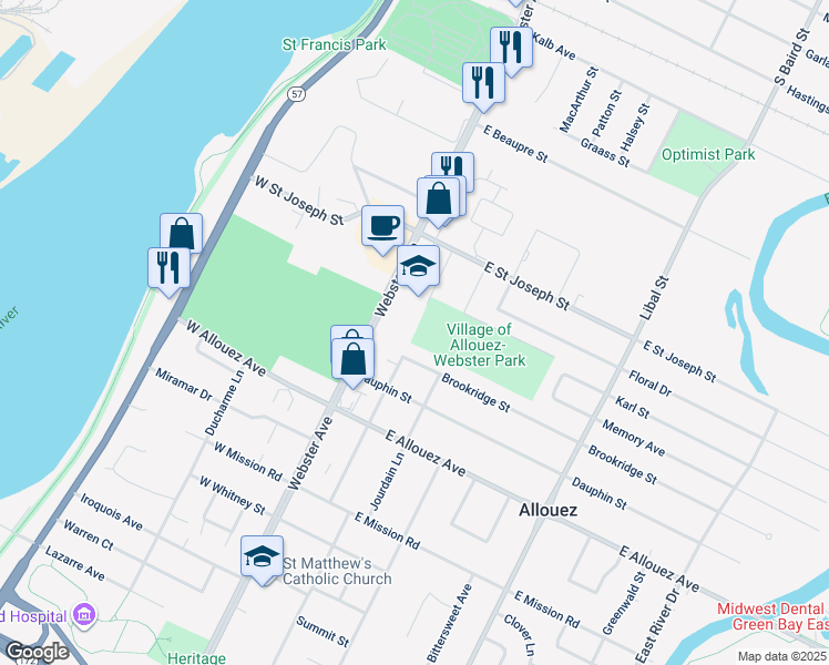 map of restaurants, bars, coffee shops, grocery stores, and more near 141 Brookridge Street in Green Bay