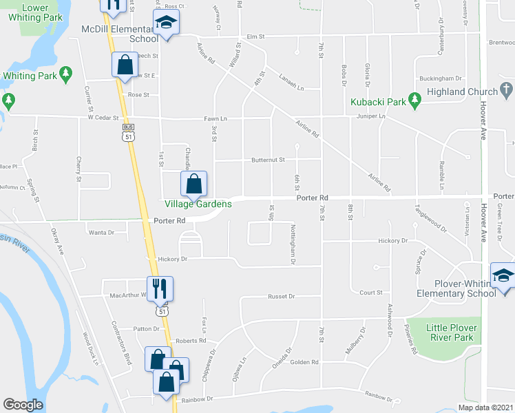 map of restaurants, bars, coffee shops, grocery stores, and more near 2641 Porter Road in Plover