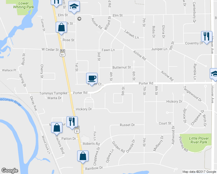 map of restaurants, bars, coffee shops, grocery stores, and more near 2711 Porter Road in Plover