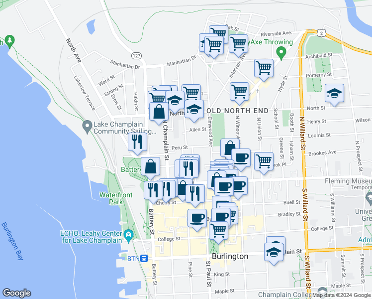 map of restaurants, bars, coffee shops, grocery stores, and more near 39 Peru Street in Burlington