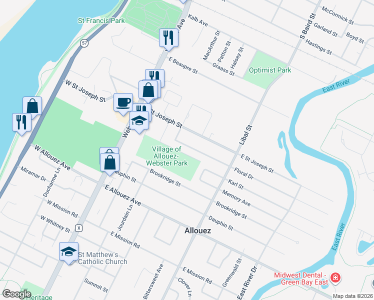 map of restaurants, bars, coffee shops, grocery stores, and more near 316 Floral Drive in Allouez