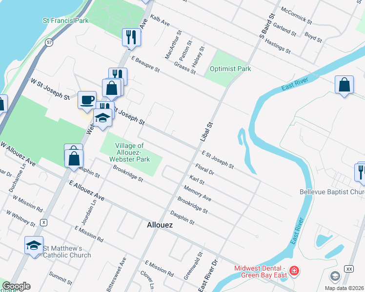map of restaurants, bars, coffee shops, grocery stores, and more near 418 East Saint Joseph Street in Green Bay