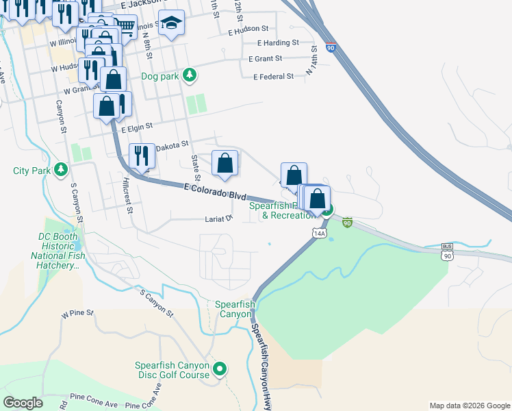map of restaurants, bars, coffee shops, grocery stores, and more near 501-899 U.S. 14 Alternate in Spearfish