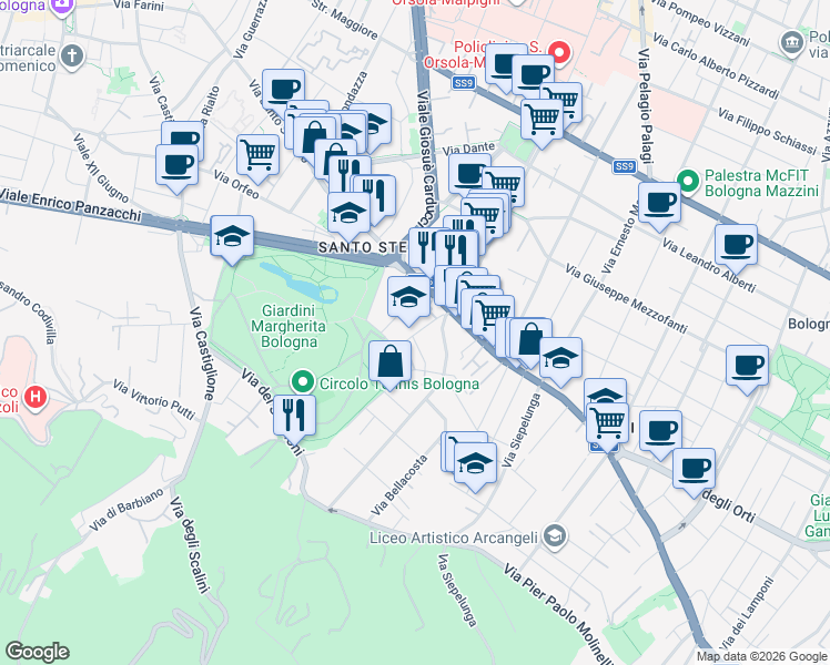 map of restaurants, bars, coffee shops, grocery stores, and more near 3 Via di Frino in Bologna