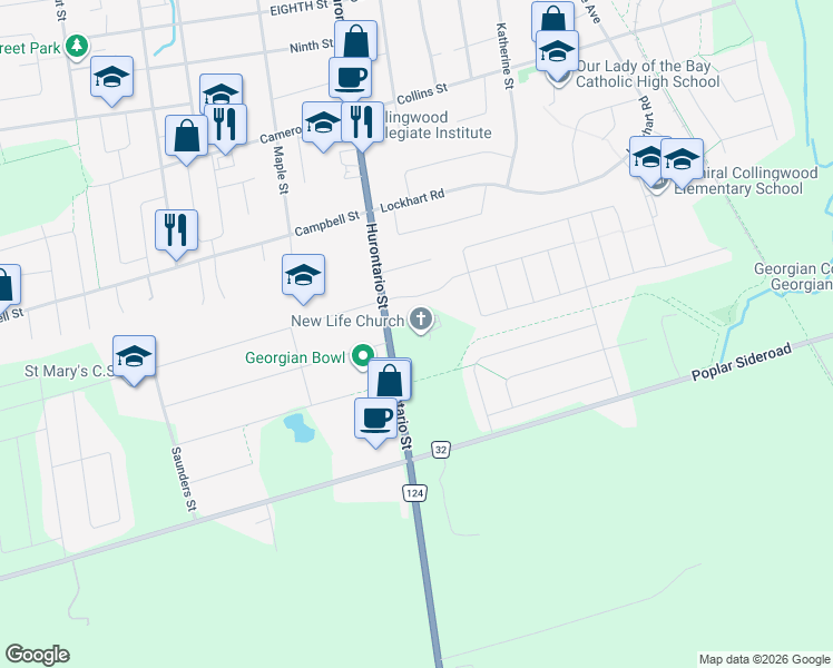 map of restaurants, bars, coffee shops, grocery stores, and more near 28 Tracey Lane in Collingwood