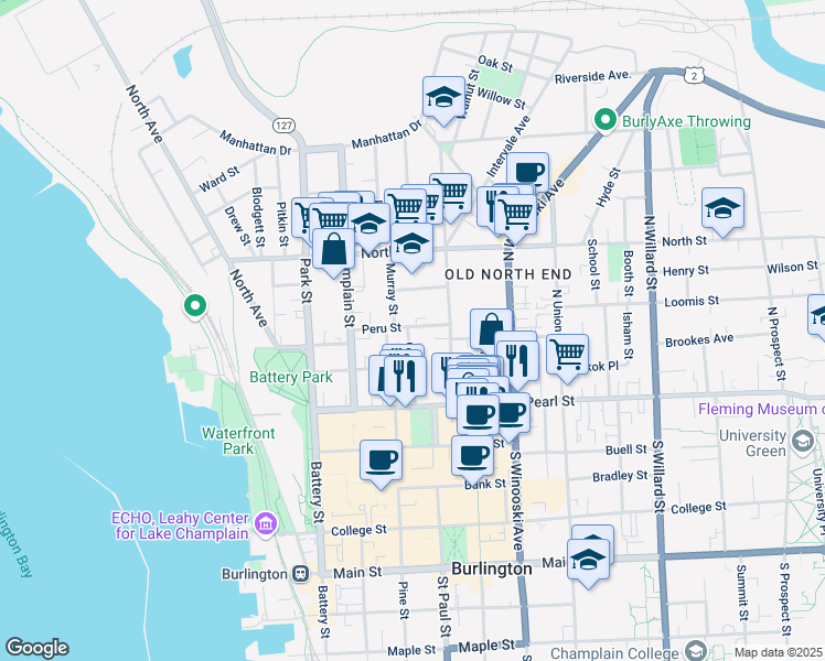 map of restaurants, bars, coffee shops, grocery stores, and more near 63 Peru Street in Burlington