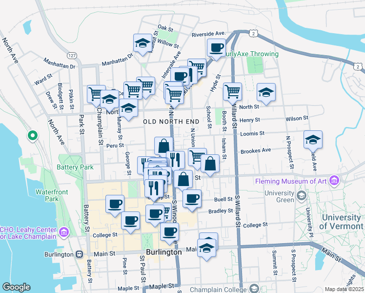 map of restaurants, bars, coffee shops, grocery stores, and more near 78 Grant Street in Burlington