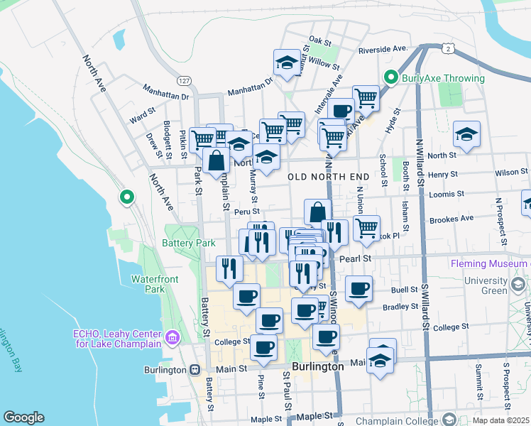map of restaurants, bars, coffee shops, grocery stores, and more near 76 George Street in Burlington