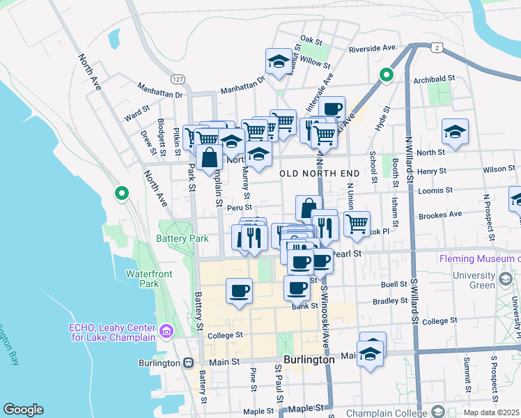 map of restaurants, bars, coffee shops, grocery stores, and more near 65 Peru Street in Burlington