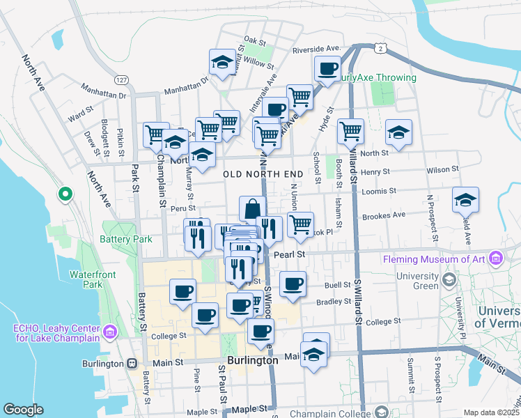 map of restaurants, bars, coffee shops, grocery stores, and more near 42 Grant Street in Burlington