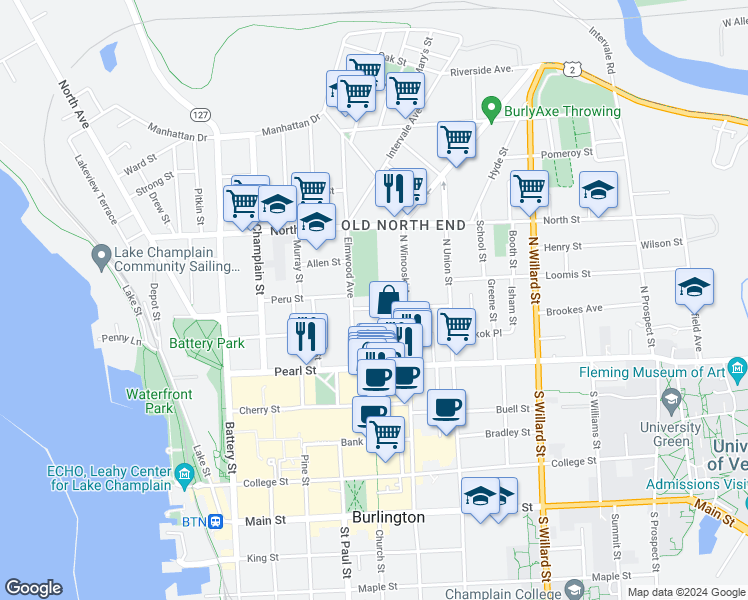 map of restaurants, bars, coffee shops, grocery stores, and more near 42 Grant Street in Burlington