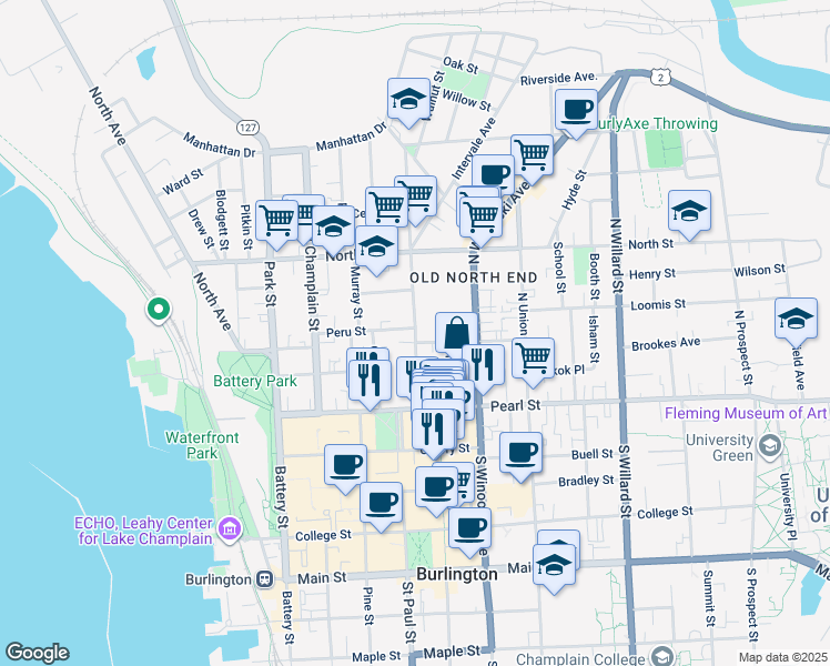 map of restaurants, bars, coffee shops, grocery stores, and more near 72 Elmwood Avenue in Burlington