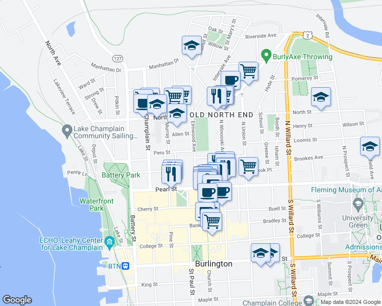 map of restaurants, bars, coffee shops, grocery stores, and more near 72 Elmwood Avenue in Burlington