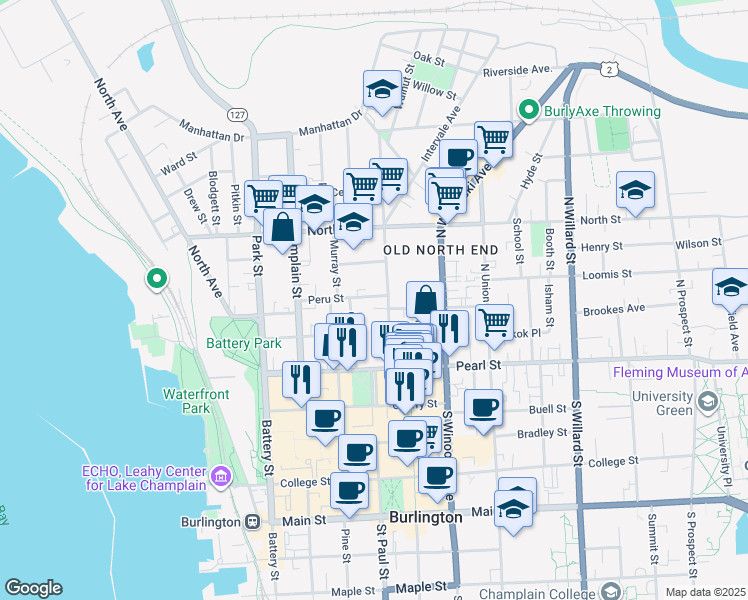 map of restaurants, bars, coffee shops, grocery stores, and more near 65 Peru Street in Burlington