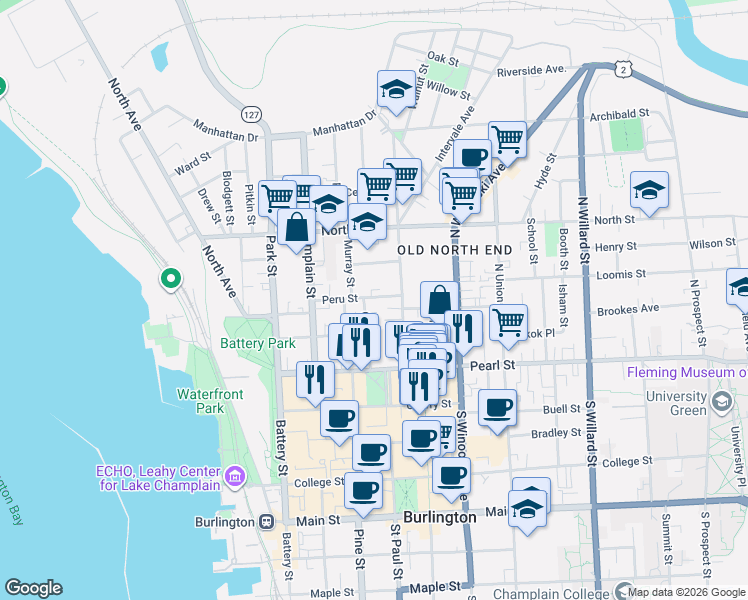 map of restaurants, bars, coffee shops, grocery stores, and more near 65 Peru Street in Burlington
