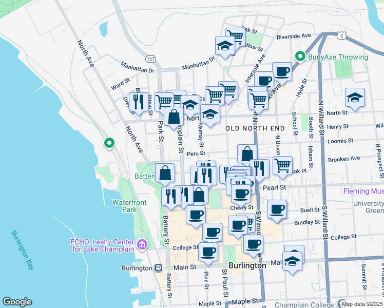 map of restaurants, bars, coffee shops, grocery stores, and more near 25 Peru Street in Burlington