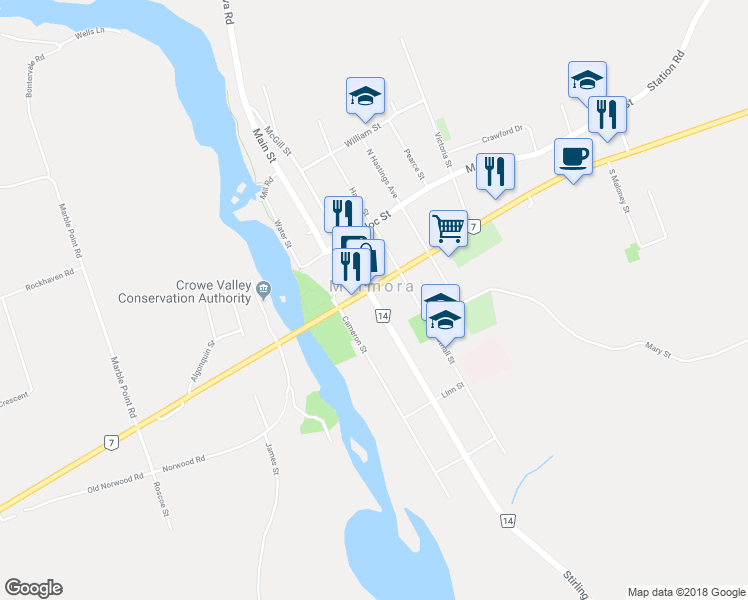 map of restaurants, bars, coffee shops, grocery stores, and more near 38 County Road 14 in Marmora