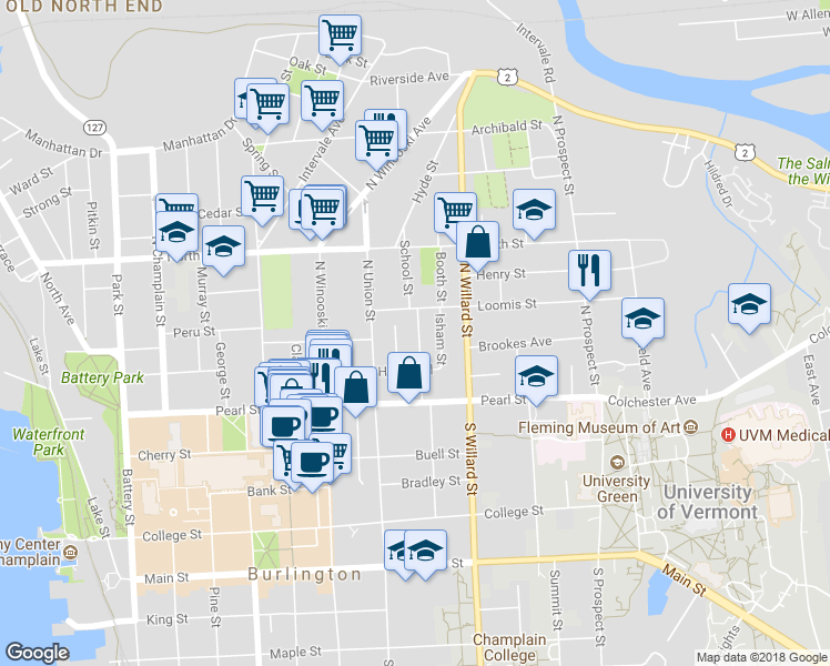 map of restaurants, bars, coffee shops, grocery stores, and more near 63 Greene Street in Burlington