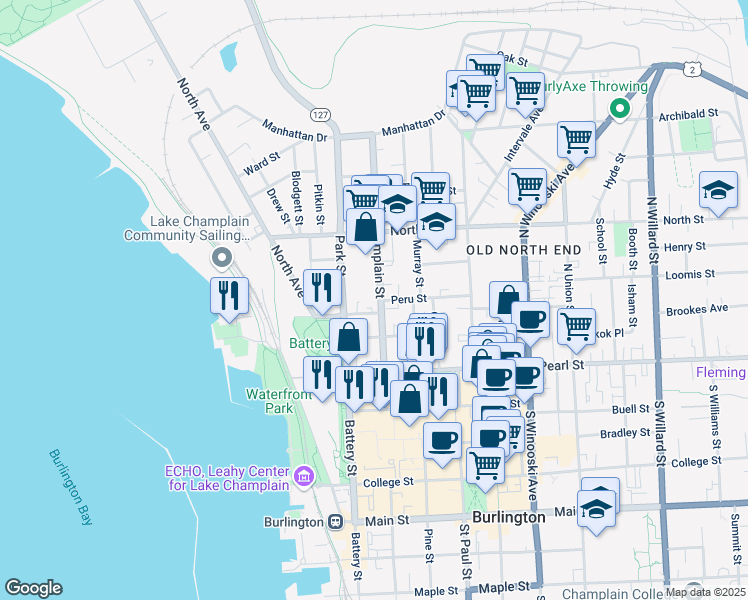 map of restaurants, bars, coffee shops, grocery stores, and more near 69 North Champlain Street in Burlington