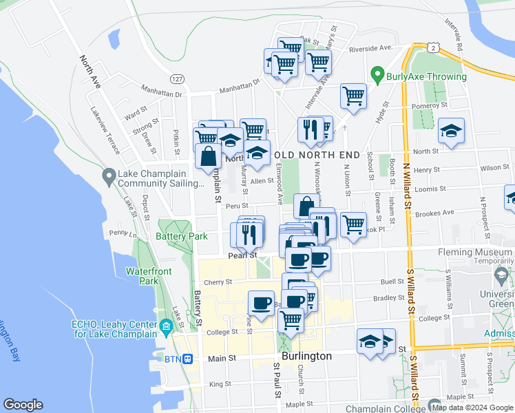 map of restaurants, bars, coffee shops, grocery stores, and more near 61 Peru Street in Burlington