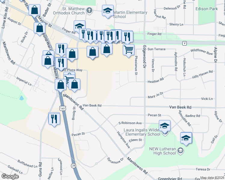 map of restaurants, bars, coffee shops, grocery stores, and more near 2404 Heather Court in Green Bay