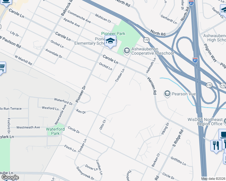 map of restaurants, bars, coffee shops, grocery stores, and more near 2723 Timber Lane in Green Bay