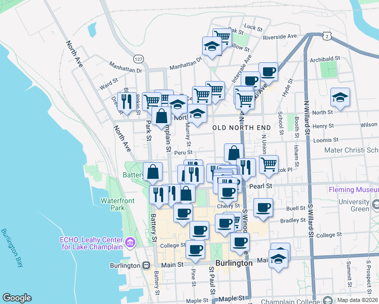 map of restaurants, bars, coffee shops, grocery stores, and more near Peru Street in Burlington
