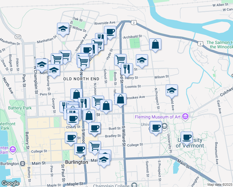map of restaurants, bars, coffee shops, grocery stores, and more near 61 North Willard Street in Burlington