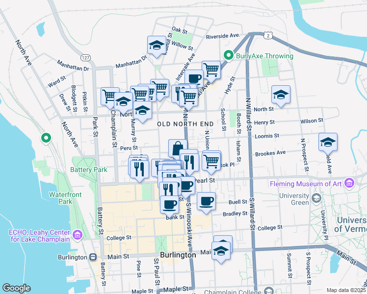 map of restaurants, bars, coffee shops, grocery stores, and more near 42 Grant Street in Burlington